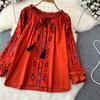 Summer Vintage Women Blouse Embroidered Puff Sleeve Color Block Ethnic Style Camisa Feminina Casual Tops