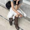 Leather thick-soled round-head retro belt buckle rubbed long boots women's autumn and winter medium and high boots knight boots