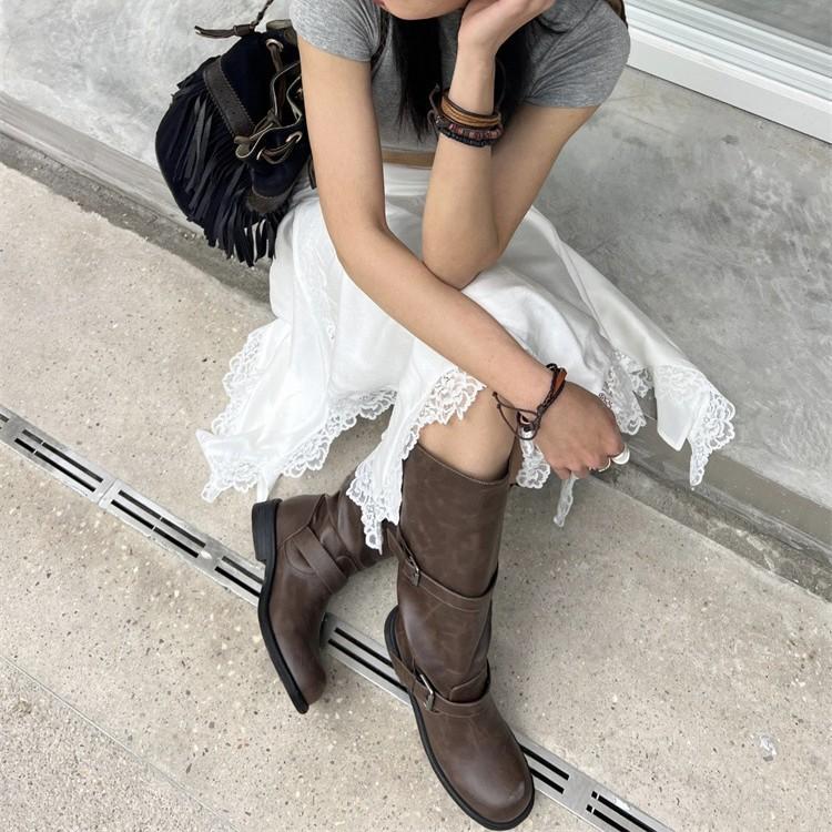 Leather thick-soled round-head retro belt buckle rubbed long boots women's autumn and winter medium and high boots knight boots