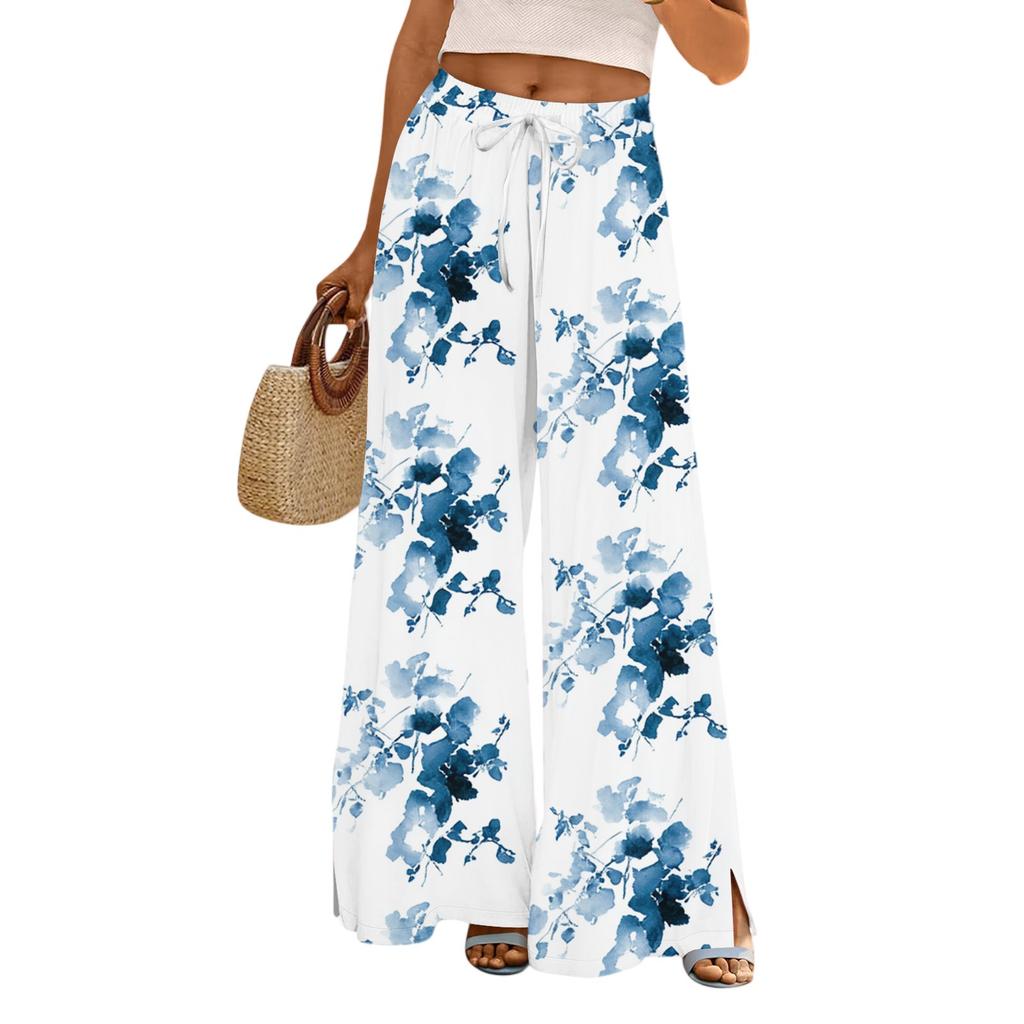 Women's Casual Wide Leg Pants Stretch Belt Pocket Floral Print Adjustable Tie Pants