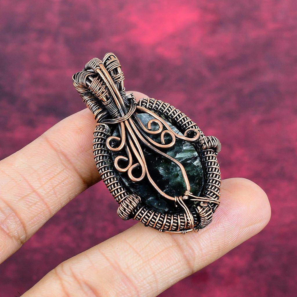 Seraphinite Gemstone Pendant Copper Wire Wrapped Jewelry Rainbow Moonstone Pendant