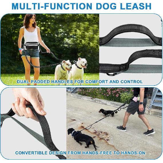 Hands Free Dog Leash for 1-2 Dogs with Zipper Pouch & Bungee Rope | Adjustable Waist Belt, Dual Padded Handles & Safety Lock | Reflective for