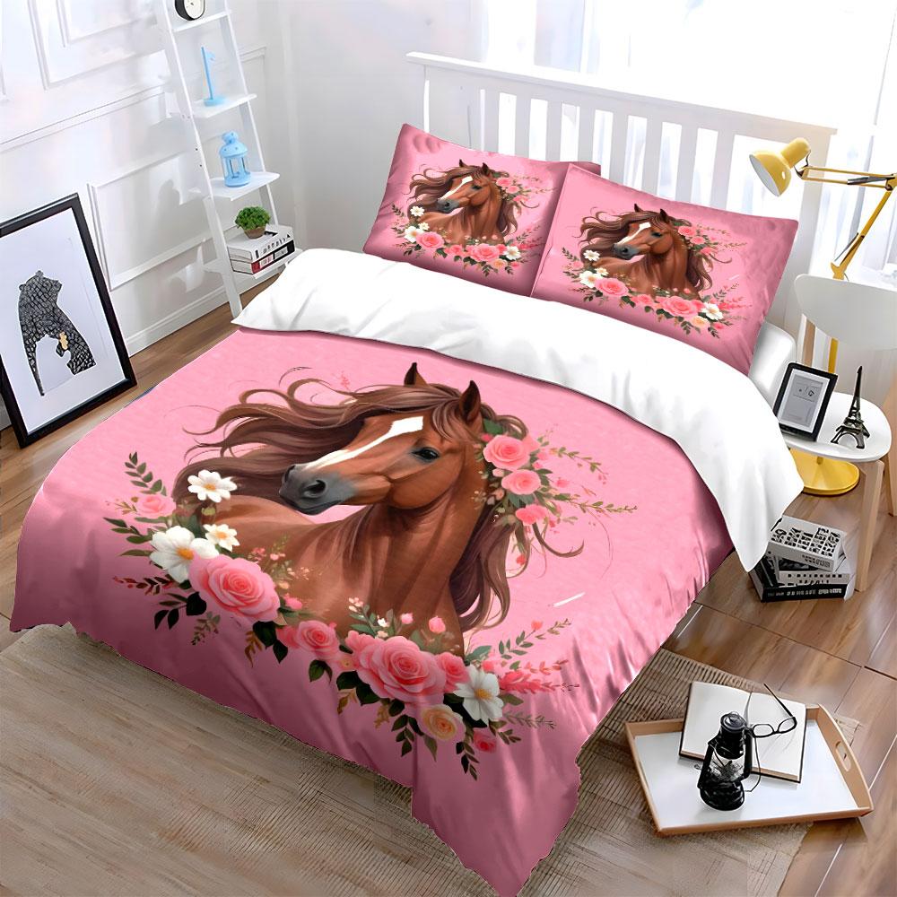 Elegant Horse With Floral Decor Exquisite Three-Piece Bedding Set Gift For Kids And Adults