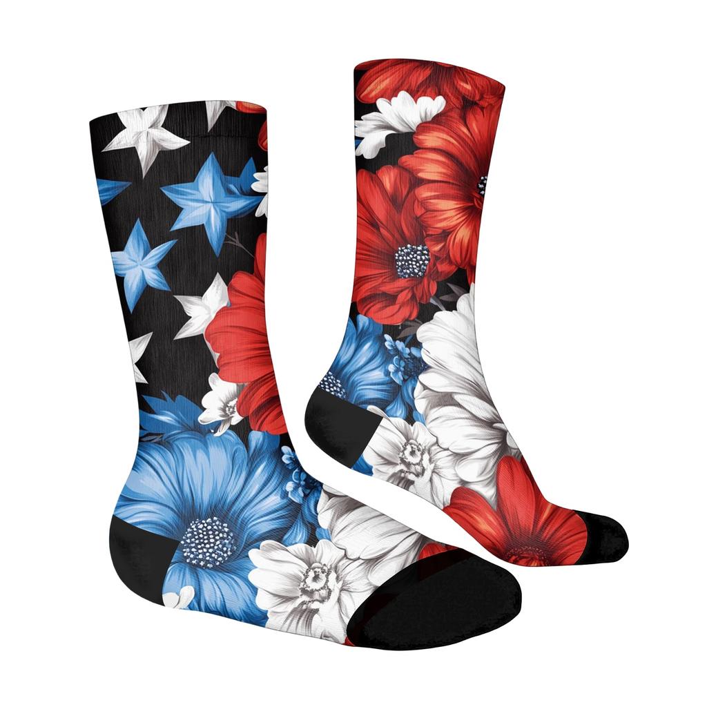 Women Breathable Comfortable Crew Socks Mid Calf Socks with Independence Day Themed Print Soft Stretchy Material for Daily Wear