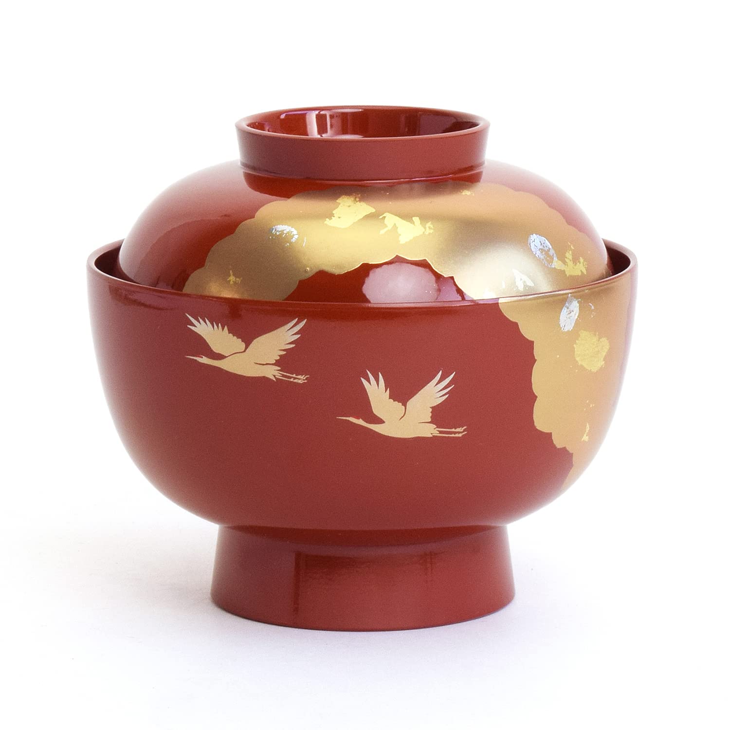 Maeju Lacquerware Zoni Bowl (with lid) - Shiny Vermilion Red with Crane and Gold Mica Design - Large Size (450ml) - Traditional Craft - Yamanaka Lacqu