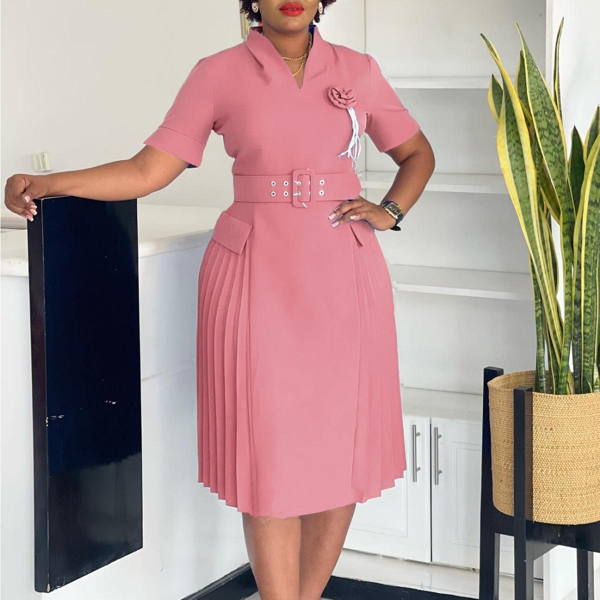 

Модное и элегантное платье с V-образным вырезом, однотонное, большого размера, плиссированное, с высокой талией, для женщин XXXL розовый