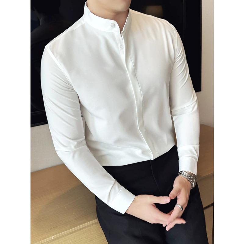 Мужская рубашка с воротником-стойкой, приталенная, с длинным рукавом, однотонная белая, повседневная деловая M белый