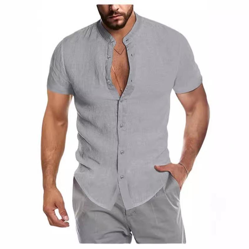 Summer V-neck Asia Cardigan Standing Collar Short Sleeved Men's Shirt