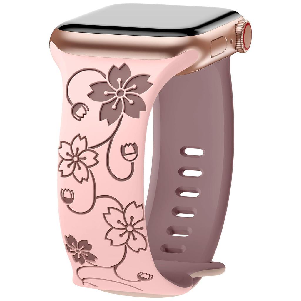 Compatible with Apple Watch: Laser Engraved Two-Color Floral Butterfly Silicone Strap with 3D Design