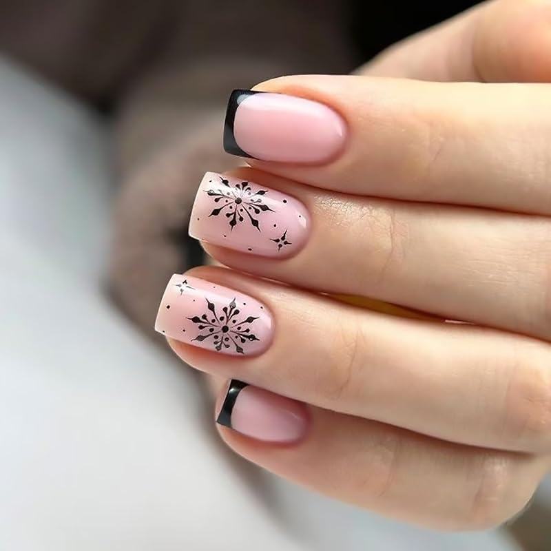 Christmas Press On Nails Medium Square Fake Nails with Gold Snowflake Christmas Tree Designs Xmas Red False Nail Acrylic Winter Snow Stick On Nail