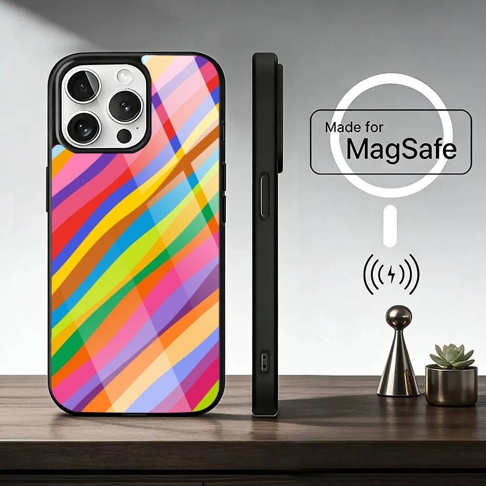 Striped Color Blocking Art Pattern Phone Case For iPhone17,16,15,14,13,12,11 Plus,Pro Magnetic For Magsafe Wireless Charging