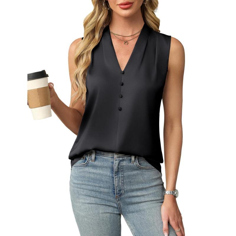 Women's Imitation Silk Sleeveless Vest Top Summer Comfortable Breathable V-Neck Shirt Tank Top Fashion Solid Color Elegant Vest