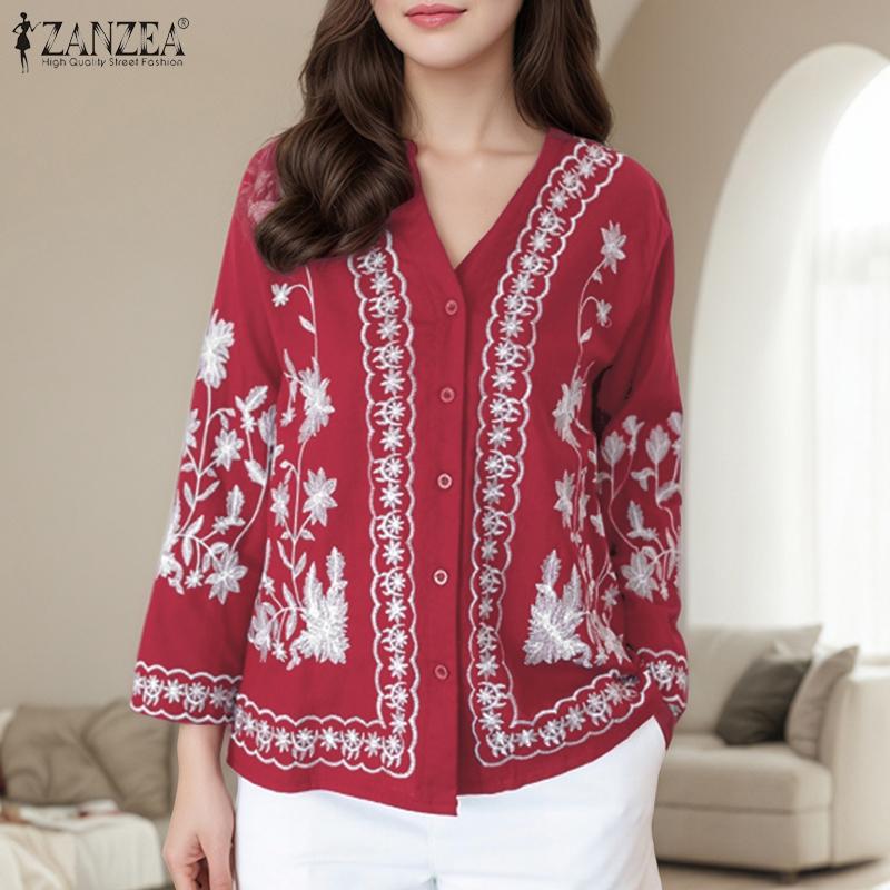 ZANZEA Ethnic Print Casual V-Neck Long Sleeve Women Blouse