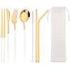 8Pcs/Set Portable Stainless Steel Dinnerware Set Travel Camping Spoon Fork Knife Chopsticks Straws Brush Tableware Flatware Set with Storage Bag