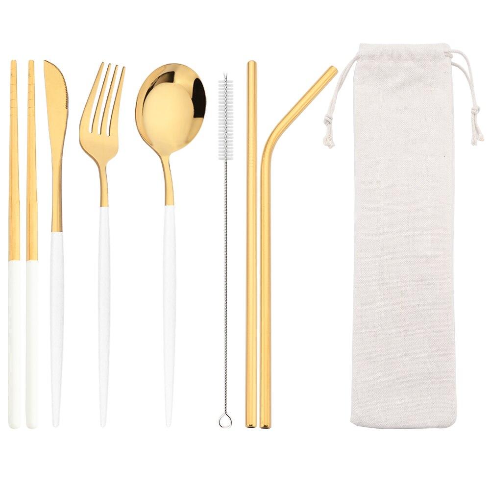8Pcs/Set Portable Stainless Steel Dinnerware Set Travel Camping Spoon Fork Knife Chopsticks Straws Brush Tableware Flatware Set with Storage Bag