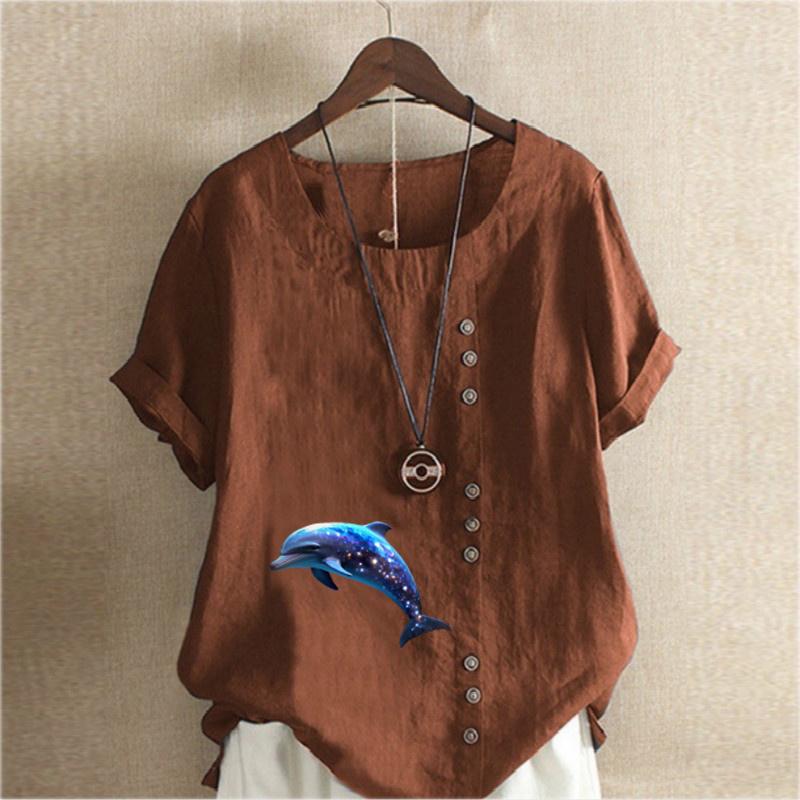 Women's Fashion Round Neck Short Sleeve T-shirt Casual Cotton Linen Graphic Shirt Dolphin Prined Summer Blouse Tops Plus Size
