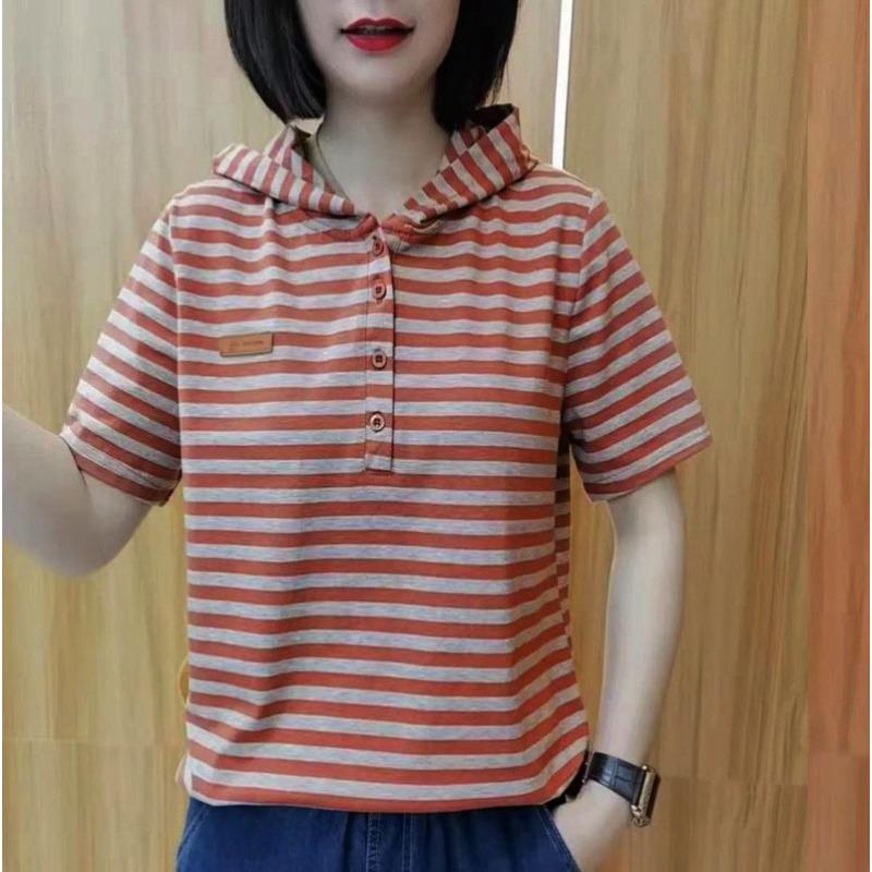 Short-sleeved Striped T-shirt Women's Top New Korean Style Loose Hooded Casual Body Blouse