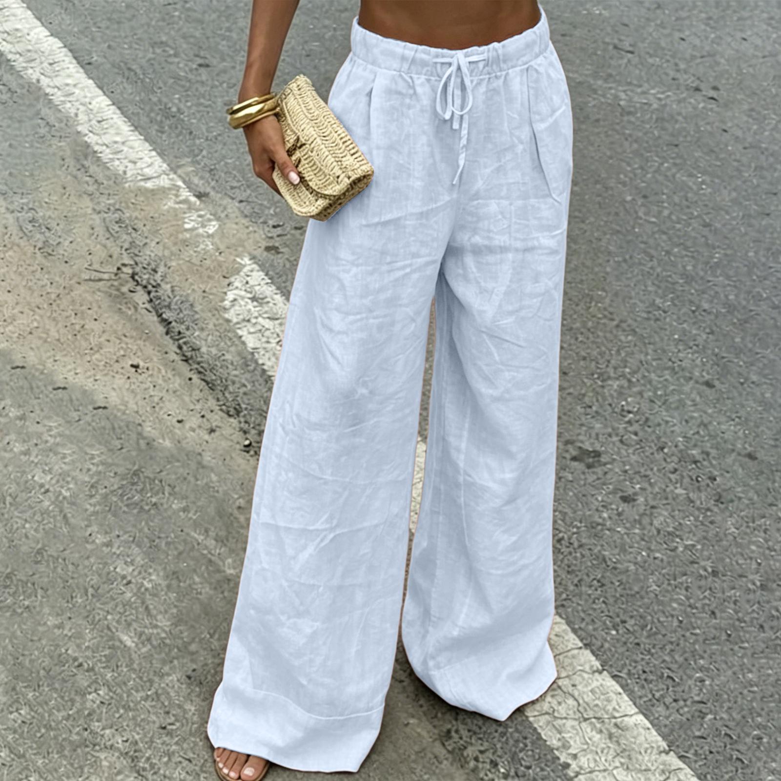 

Women’s Wide Leg Linen Drawstring Pants Loose Fit Elastic Waist Trousers with Pockets for Casual Daily Wear XXL білий