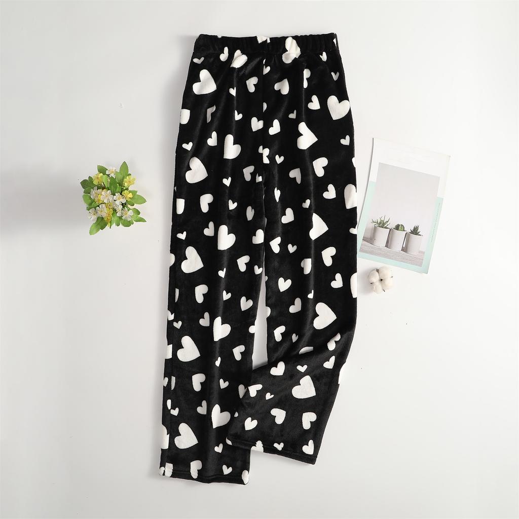 Damen Pyjamahose Plüsch Schlafhose Weiche Elastische Taille Pyjamaunterteil Gemusterte Hose Mit 2 Taschen