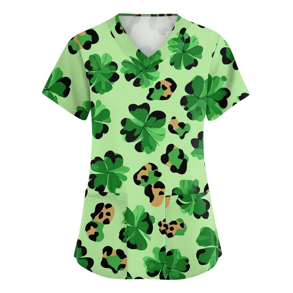 Damen St. Patrick Print Modischer V-Ausschnitt Tasche Kurzarm Uniform und Pflegeoberteil