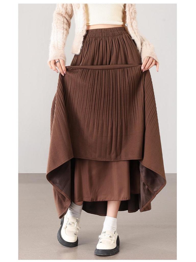 2025 Fall/Winter Layered Woolen Flare A-Line Skirt - Slimming, High-Waist, Long Design