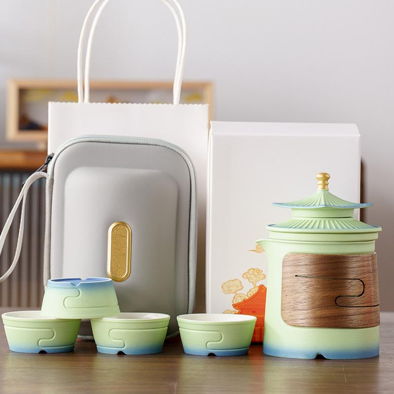 Forbidden City suet jade porcelain kung fu travel tea set, one pot and four cups of business commemorative high-end souvenir