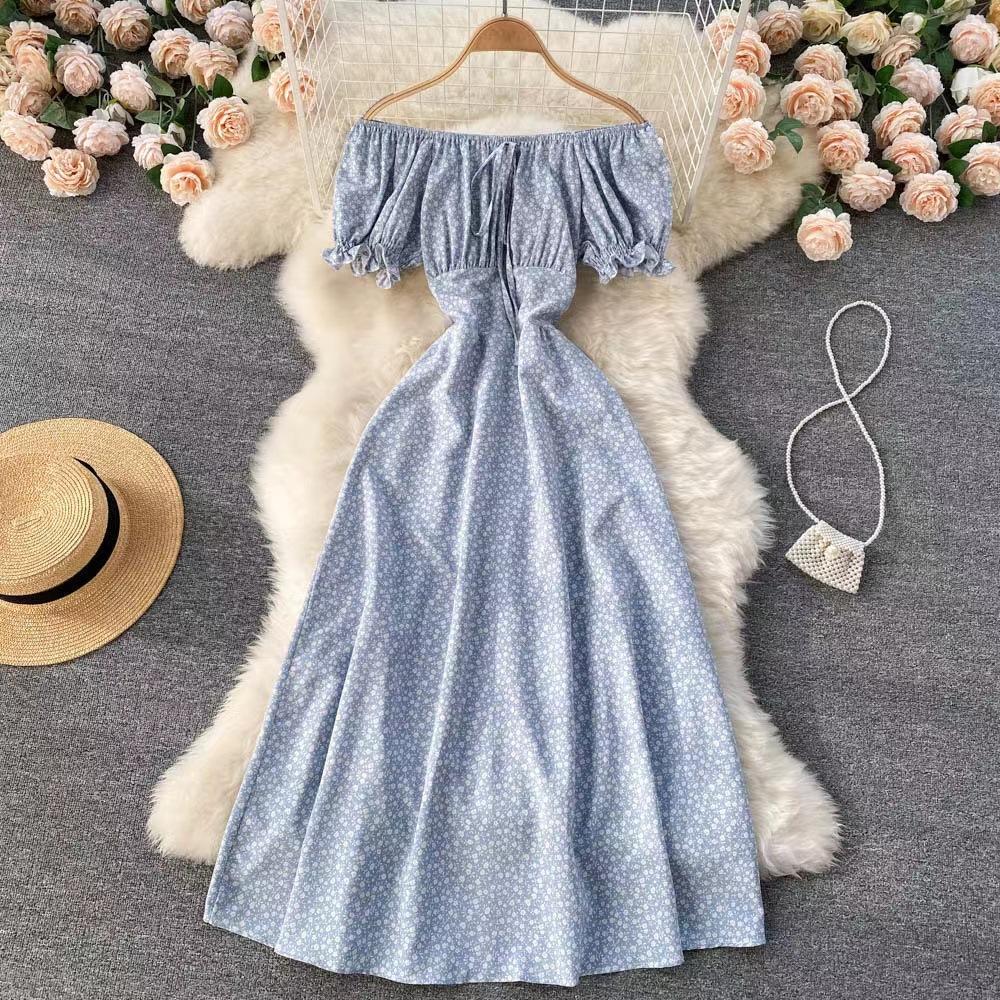 Damen Blumen Midikleid A-Linie Kurzarm Kleider Sommer Vintage Strand Schulterfrei Polka Dot Sommerkleid