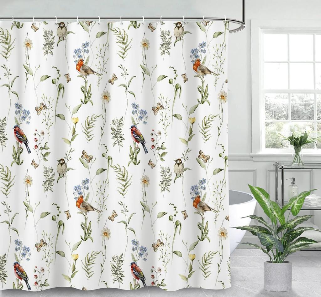 Frühlingsblumen Vögel Duschvorhänge Wilde Natur Gras Blätter Schmetterling Botanisch Wasserdicht Waschbarer Stoff Moderne Ästhetik