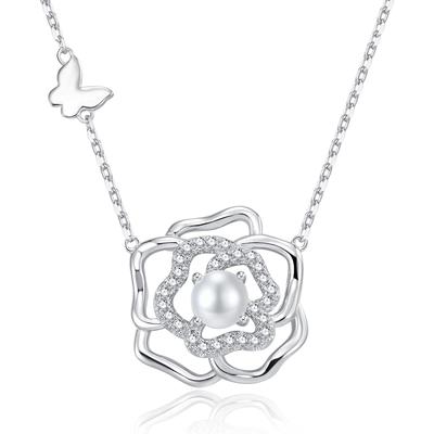 [Gemlanto] Sterling Silver 925 Birthstone Camellia Flower Necklace for Women, 18K Gold Plated, Valentine's Day, Christmas, Gift, Birthday (06 - Pearl)