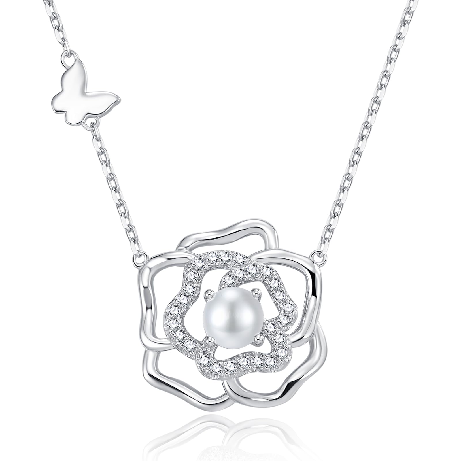 

[Gemlanto] Sterling Silver 925 Birthstone Camellia Flower Necklace for Women, 18K Gold Plated, Valentine s Day, Christmas, Gift, Birthday (06 - Pearl)