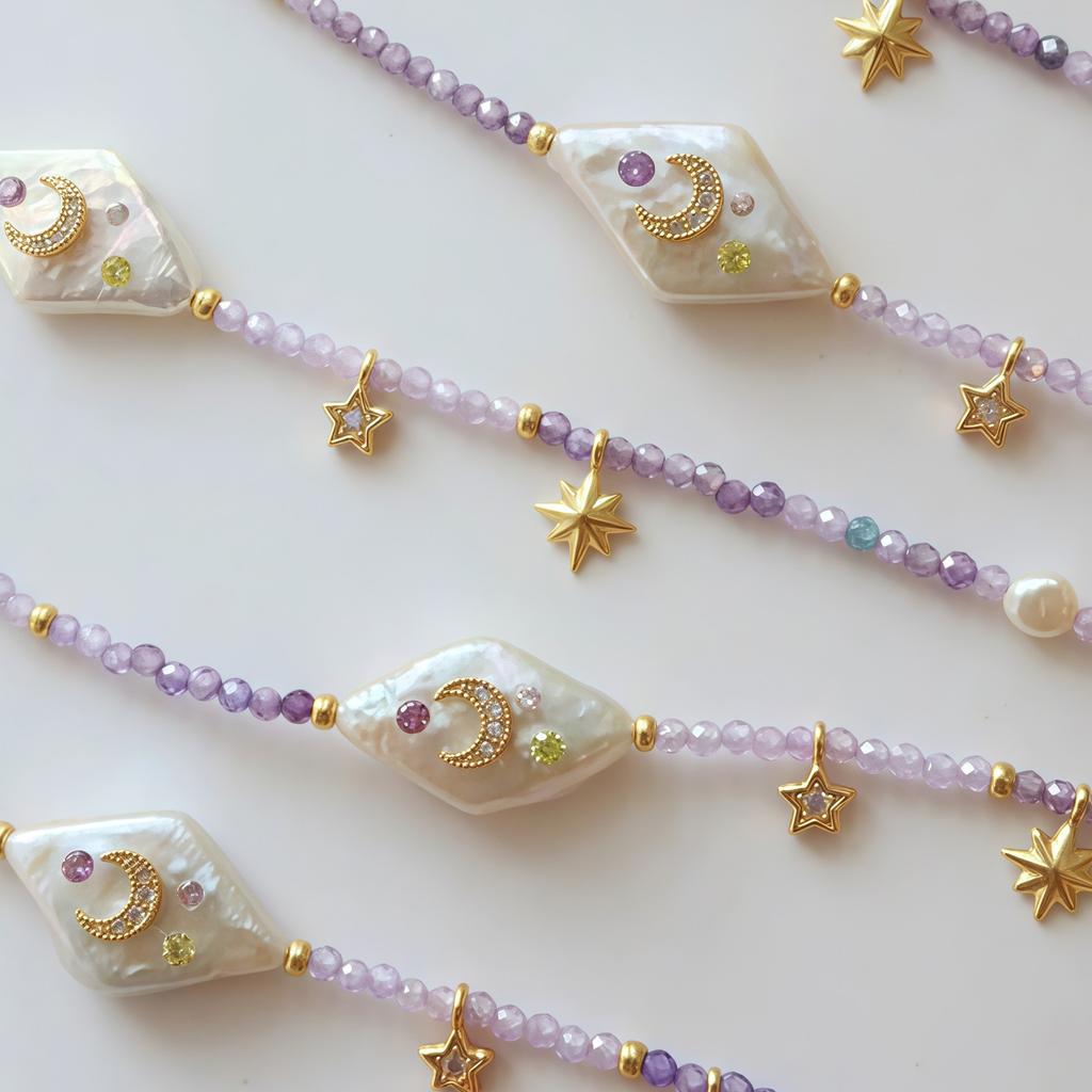 Handmade Moon Star Imitation Pearl Necklace with Zircon Accent for Women Stylish Collarbone Chain Gift Idea