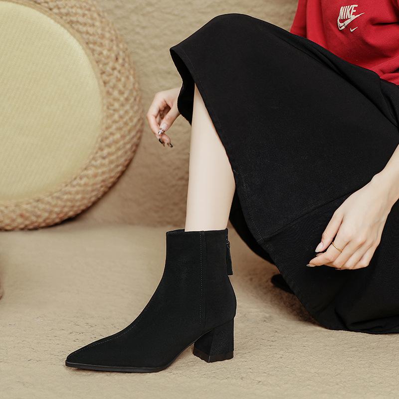 Coarse Heel Short Boots Women's 2025 Autumn and Winter New French Pointed High Heel Boots Suede Thin Elastic Boots Medium Tube Fashion Boots
