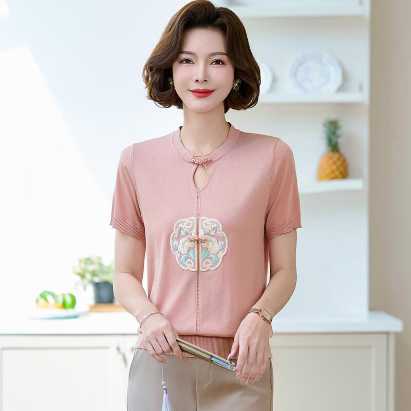 New Chinese Style Embroidered Ice Silk Short Sleeve T-Shirt for Middle-Aged Women