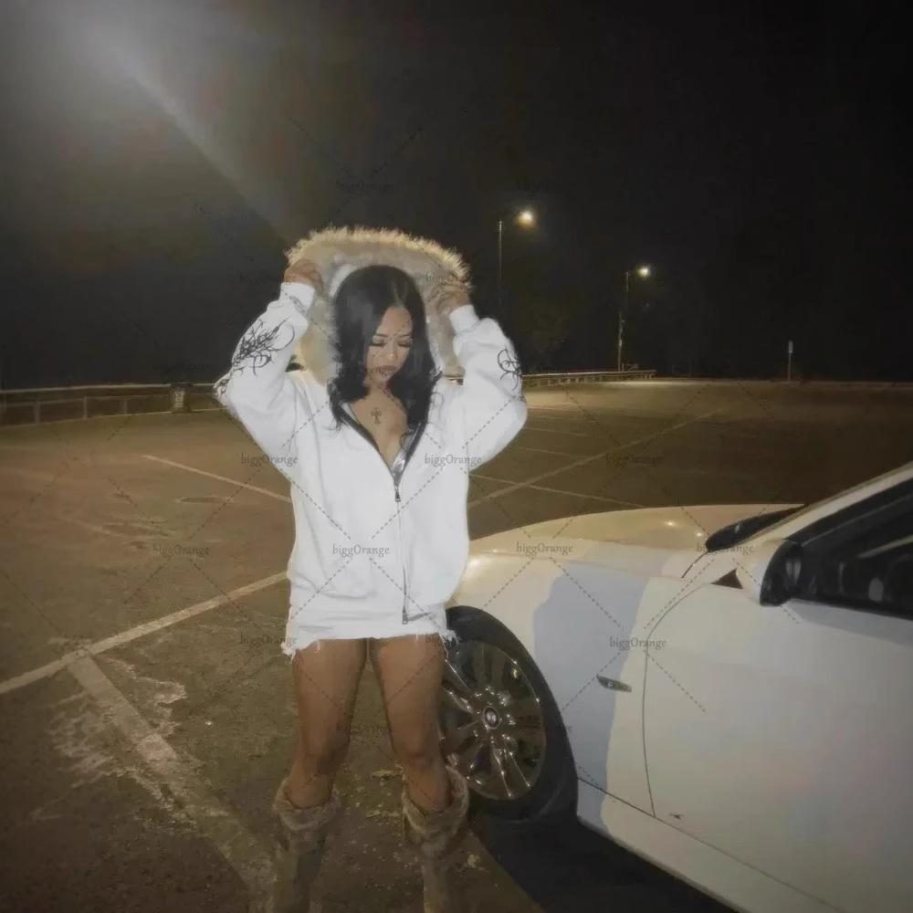 2024 Bad Boy Influencer Cárdigan con Capucha y Cremallera con Cuello de Piel - Nueva Parte Superior Estampada para Chica Hot