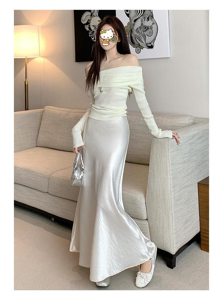 High Waist Acetate Satin Fishtail A-Line Skirt for Women