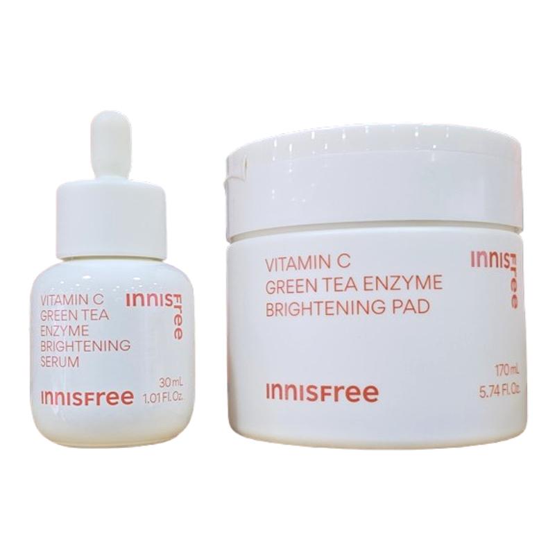 Innisfree Vitamin C Green Tea Enzyme Brightening Pad 60 Pads + Serum 30ml – Daily Exfoliating Toner Pads, Hydrating Vitamin C Serum, K-Beauty SET
