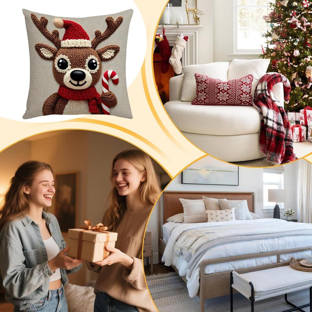 Christmas Pillow Covers Linen Cute Elk Pillowcase 18x18in Deer Print Pillow Cases For Home Living Room Sofa Indoor Outdoor