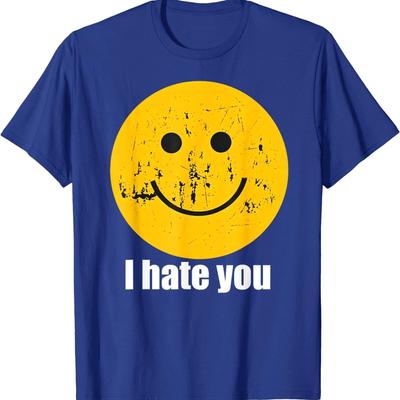 I Hate You Retro Vintage Graphic Tee Yellow Smile Face Funny T-Shirt For Men