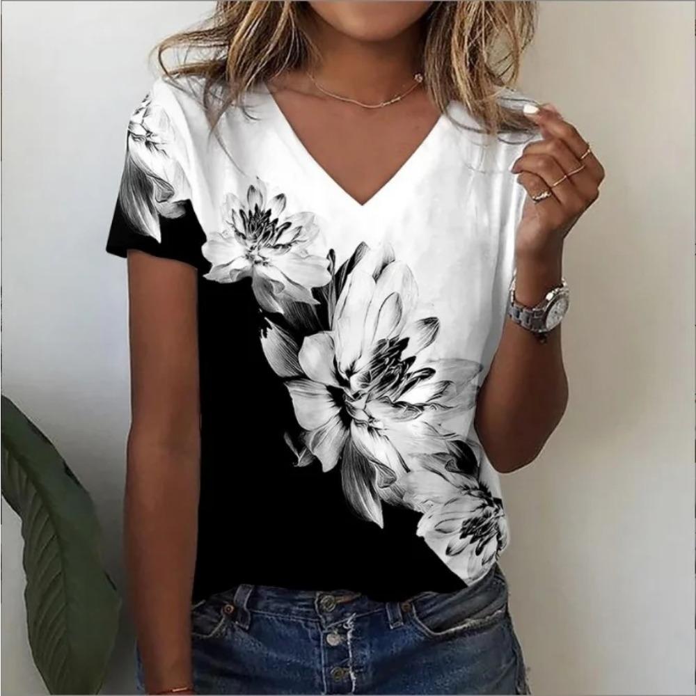Summer New Style Floral 3D Print Casual V-Neck Women Short Sleeve Comfortable Polyester Fiber Fashion