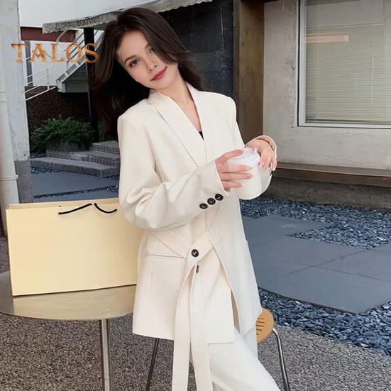 2 buc./set damă haină formală pantaloni set mâneci lungi închidere cu bretele cu nasturi Cardigan cu decolteu în V Jachetă de lungime mijlocie pantaloni drepti cu talie înaltă de afaceri formali