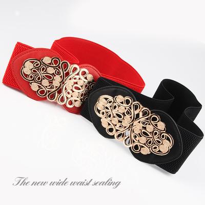 Korean Version Court Retro Hollowed-out Flower Decorated Button-down Ultra-wide Waist Belt for Women, Ethnic Loose and Tight Waist Belt