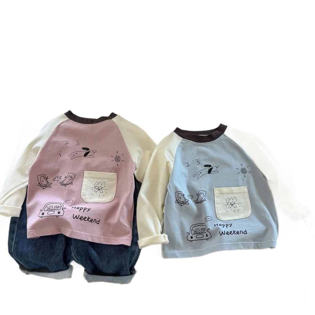 Kids Cartoon Print Cotton Long Sleeve T Shirt With Pockets For Boys And Girls