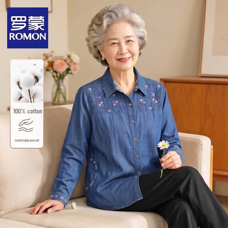 ROMON Women s Cotton Denim Long-Sleeve Shirt 3XL