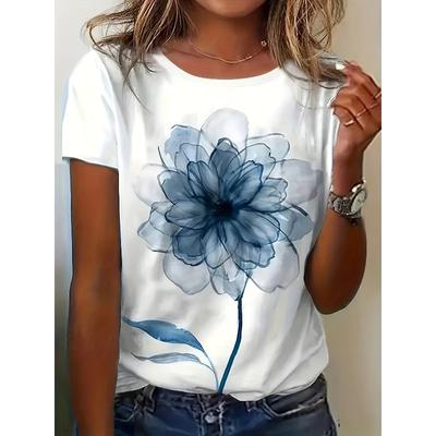 Womens New Spring Summer Print Tee Round Neck Short Sleeve Loose Fit Machine Washable Everyday Home Casual Top