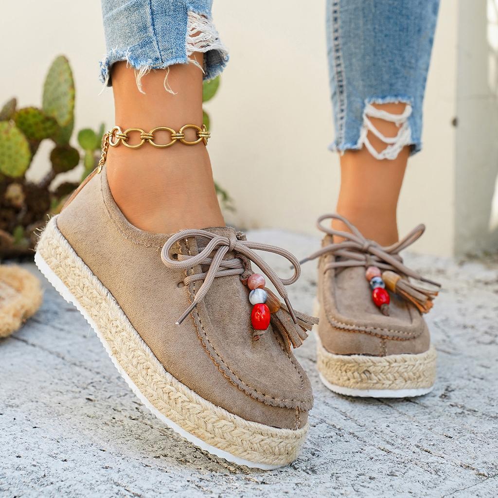 Women's Platform Casual Shoes Autumn Vintage String Bead Fashion Single Shoes Height Increase Outdoor Non Slip Vulcanized Shoes