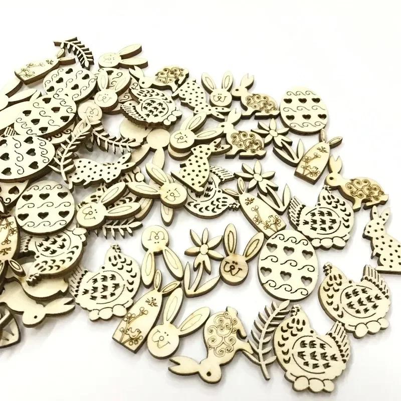 Hot Sale 50pcs Mix Shape Easter Wooden Wood Hanging Pendant  Party Supplies Craft DIY Ornament Hanging Tag Happy Easter Decor