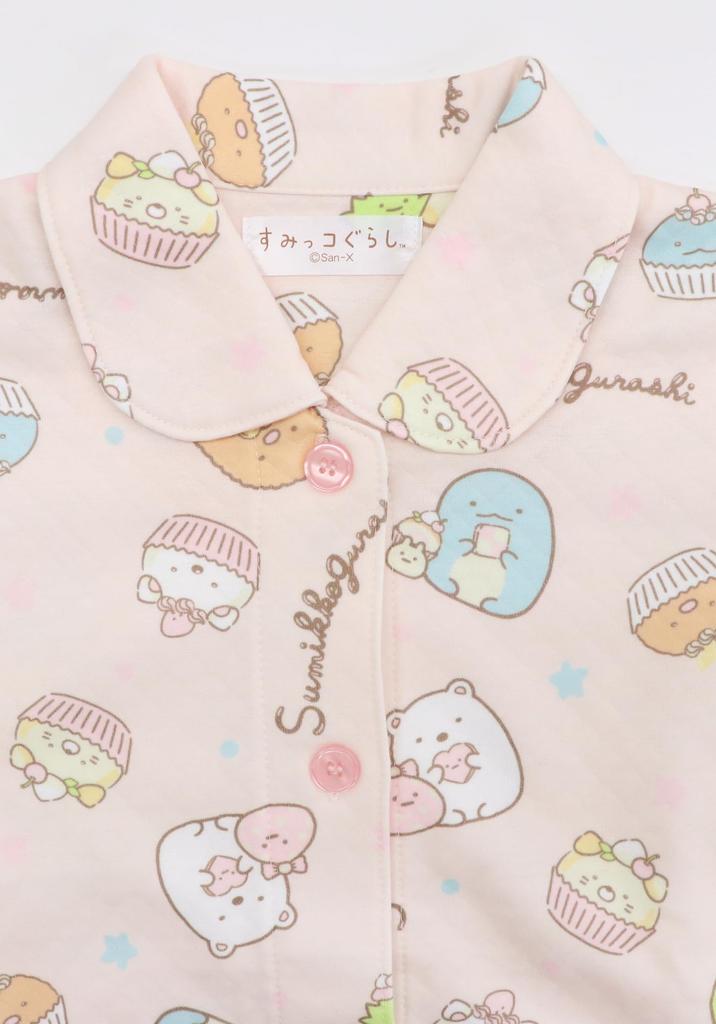 Kaituck Family Sumikkogurashi Kids' Shirt Pajamas, Long Sleeve, Quilted, Spring/Autumn, Sizes 130cm, 140cm, and 150cm (140cm, Pink)