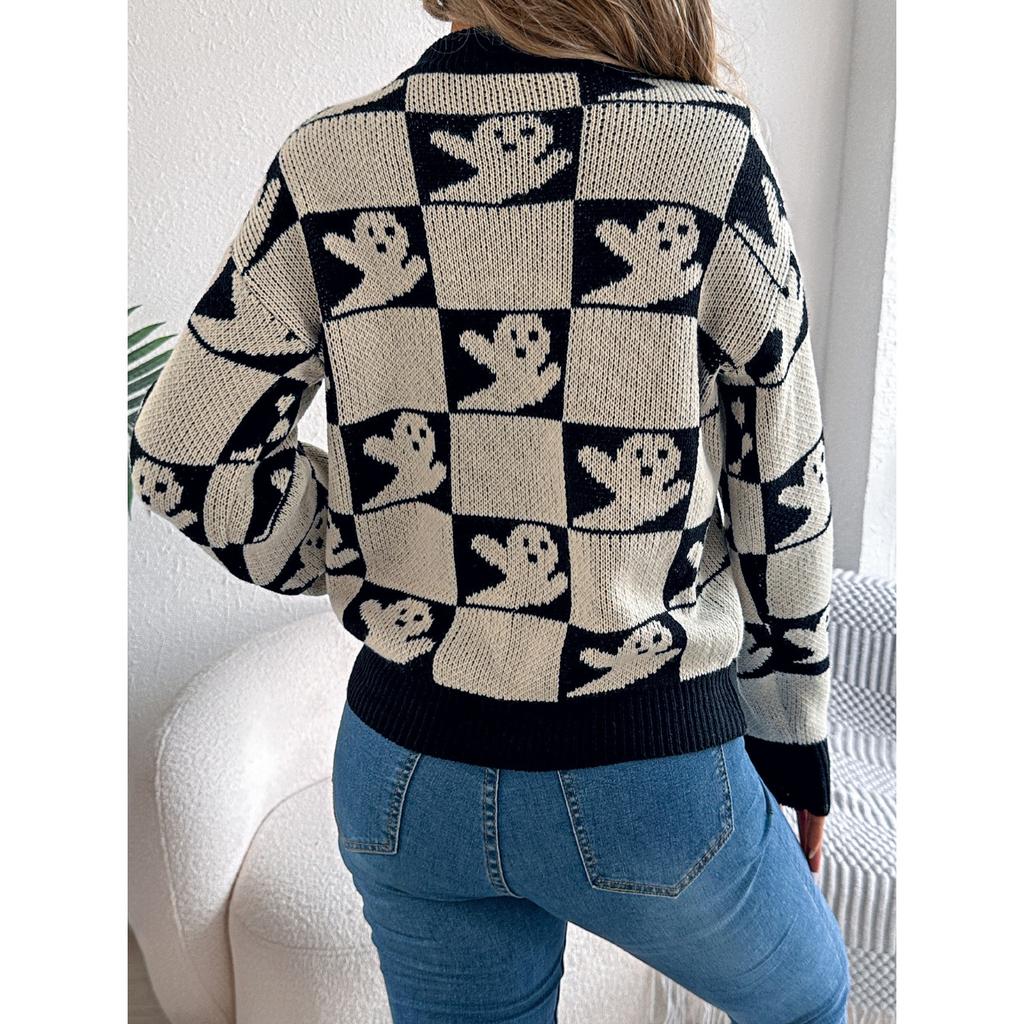 HNXC Autumn Winter Halloween Checkered Lantern Long-sleeved Pullover Sweater Women's Clothing