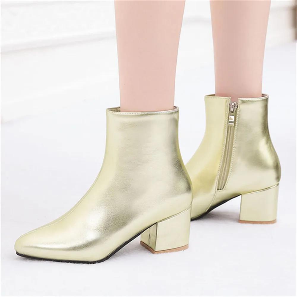 New Ankle Boots Women Pointed Toe Chunky High Heels Sliver Gold Black Mirror Metallic Ladies Pumps Female Sexy Botas Mujer
