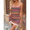 Elegante Vestido de Tirantes Multicolor Verano Cordón Fiesta de Vacaciones Vestido Corto Ajustado de Punto Dibujado Dulce y Picante Vestido Casual de Vacaciones para Mujer